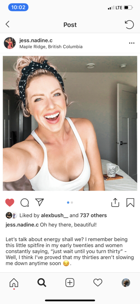 Screenshot of Jess Nadine taking a selfie on her Instagram account, smiling widely.