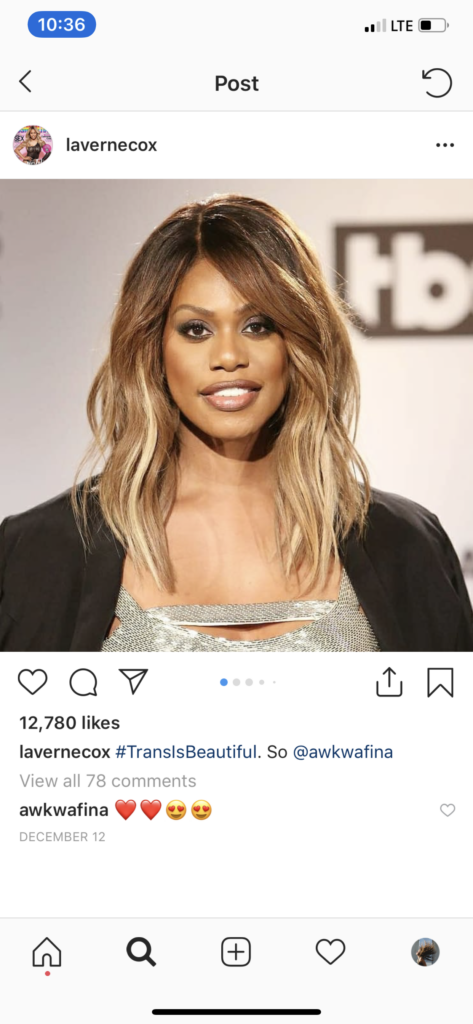 Screenshot of Laverne Cox on her Instagram account. She is looking directly at the camera and smiling. Her Instagram caption reads, "Trans is beautiful."